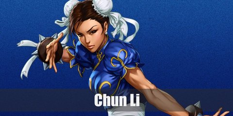 Chun Li’s costume includes a blue cheongsam paired with brown tights and white boots. She wears a spiked bracelet. She has two hair buns.