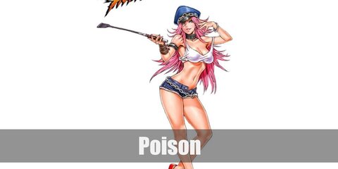  Poison’s costume is a white tank top, daisy duke shorts, one black thigh-high sock, pink pumps, a pink police cap, harnesses, and a bull whip.