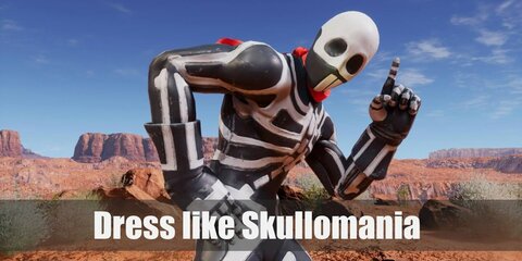  Skullomania costume is a full-body black suit with a white skeleton print on it and a red scarf around his neck and white boots on his feet.  