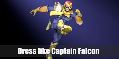 Captain Falcon's attire consists of blue pants, matching form-hugging armor, a red helmet with a falcon at the center, one-shoulder pauldron, yellow gloves, a red belt, a gun holster, and yellow boots.