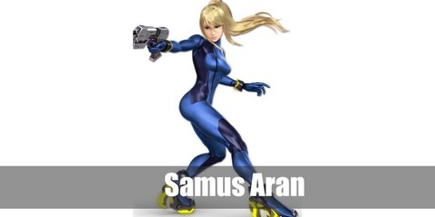 Samus Aran’s costume is a blue full body suit, yellow heel pumps, and a pair of black wrist bands.