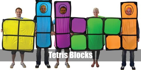  Tetris Blocks’ costumes are a long-sleeved black t-shirt, black leggings, black sneakers, and DIY distinct bold-colored four-box shape patterns.