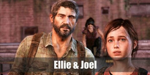  Ellie & Joel’s dark long-sleeve shirt underneath a red graphic shirt, dark denim jeans, and high top canvas sneakers, as well as a dark green plaid button-down shirt, dark denim pants, and brown boots.