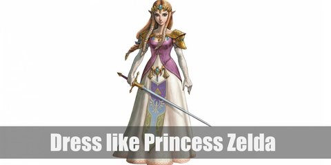 Princess Zelda's costume is long white dress with a purple bust area as well as a printed runner on the skirt's front part. She also wears a gold shoulder pouldron and white gloves.