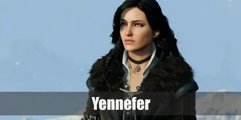  Yennefer’s costume is a black gothic dress, a black feather epaulet, black knee-high boots, and a black wavy wig.