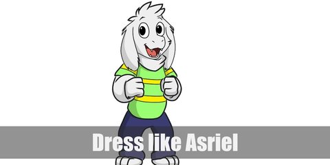 Asriel's costume includes a green and yellow striped sweatshirt, dark bottoms, and white animal ears.