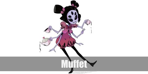 Muffet costume is a red puff sleeves shirt with big bow in front. Wear pink bloomer shorts, black leggings, and black shoes. Wear purple gloves on both arms and stuff two more pairs of these gloves with cotton or paper then attach at the back of the shirt and the shorts.