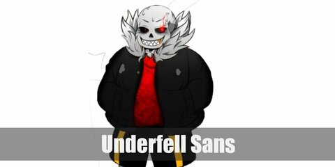 Underfell Sans’ costume is a beige shirt, brown tunic, khaki shorts, brown tights, and a giant paintbrush. 