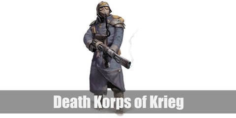  The Death Korps of Krieg costume is a green helmet, a grey trench coat, black pants, various canvas supply packs, and a vintage gas mask.  
