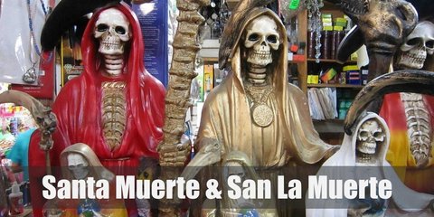 Santa Muerte costume includes a red cloak with a rib-printed tee and red skirt. Tie a hemp rope as belt. It also includes a skull mask, a scythe, and a toy scale. Meanwhile, San La Muerte has the same features in his costume, just switch up the color of the cloak to black.