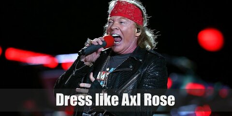 Axl Rose is popularly known for his long, straight, dirty blonde hair wrapped with a paisley bandanna, graphic muscle tees, and lots of edgy accessories.  