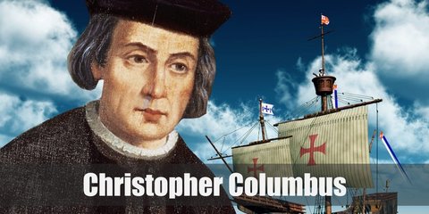 Christopher Columbus costume is a dark tunic with white long sleeved shirt. He styles it with a cape, black tights, and brown boots. To complete the look, wear a brown wig and hat with a feather.