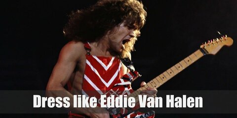 Eddie Van Halen costume is a red overall decorated with the same black and white stripes of his Frankenstrat guitar.