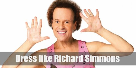 Richard Simmons costume is a red tank top, candy-striped dolphin shirts, and red sweatbands. Don’t forget his unforgettable afro hairdo!