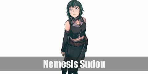  Nemesis Sudou’s costume is a black bralette, a back vest, a black fake collar, a black high-slit skirt, black boots, and black sleeves. She is also known for spiky, bright green hair.