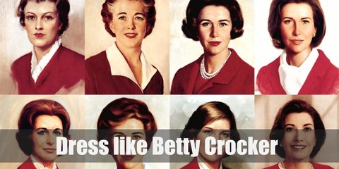 Betty Crocker wears a white shirt topped with a red blazer, a red skirt, a pearl necklace and ear studs, a black and white polka dot apron, red lipstick, black high heels.