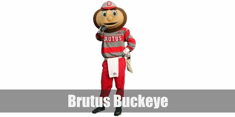  Brutus Buckeye’s costume is a grey university cap, red and grey-striped sweater, red sweatpants, and grey gloves 