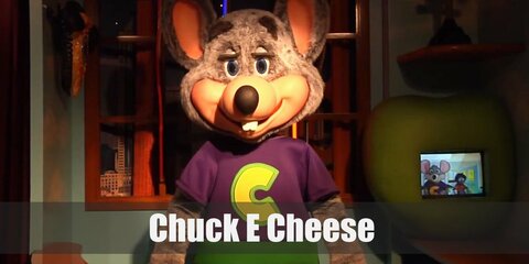 Chuck E Cheese’s costume a light gray mouse costume with a purple shirt with green trimmings and a big yellow ‘C’ in the middle.