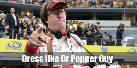  The Dr. Pepper Guy is a middle-aged man who wears a red and white polo shirt, khaki shorts, a kneecap support, a Dr. Pepper hat, and a concessions tray full of Dr. Pepper. 