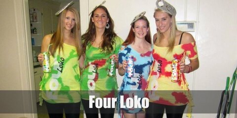 Four Loko costume is a tie-dye shirt or dress. Spell and cut 'FOUR' from a fabric tape roll and stick it on the clothes.