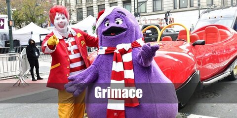  Grimace’s costume is a purple top, purple pants, purple shoes, purple gloves, purple fabric, and felt paper.