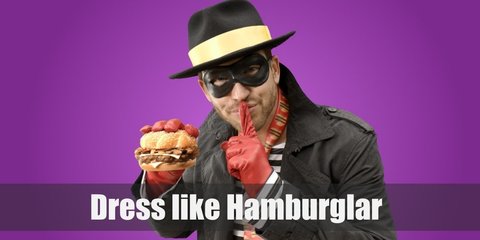  Hamburglar costume is a matching black and white-striped top and bottoms, a black cape, a black Spanish hat, a red burger tie, and red gloves.  