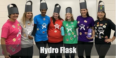  Hydro Flask’s costume is a colored shirt with the Hydro Flask logo, black pants, and a DIY headpiece.