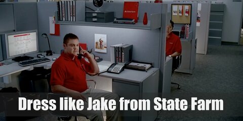 Jake from State Farm looks like a regular call center employee. He proudly wears his uniform which consists of a red polo shirt, a pair of khaki pants, and black sneakers. See, regular!  