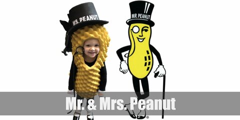  Mr. & Mrs. & Baby Peanut’s costume is an all-black ensemble underneath a Peanut bodysuit and pair these with black dance shoes, a top hat, a cane, and a monocle for maximum effect.