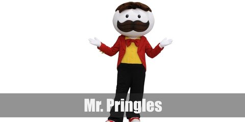 Mr. Pringles’s costume is a button down yellow shirt, black pants, red and white sneakers, a red blazer, white gloves, and a red bow tie.'