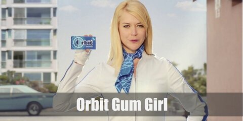 Orbit Girl's costume features a white flight-attendant uniform with an Orbit Gum pack.