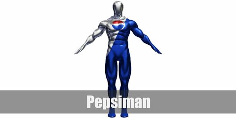  Pepsiman’s costume is a full bodysuit including his head that is half silver and half grey. He also has the Pepsi logo on his chest.