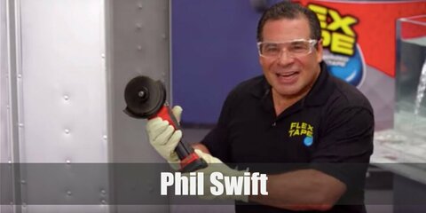 Phil Swift’s costume is a plain black polo shirt, denim pants, safety glasses, and yellow gloves.