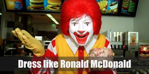 Ronald McDonald Costume inclues red-and-white striped long-sleeved top and socks under a yellow jumper. He also wears a yellow gloves and red clown shoes. He also also has red wig and a face full of white and red make-up