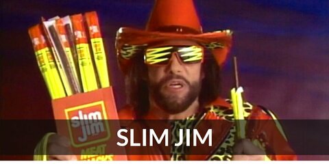 Slim Jim’s costume is a red top, yellow pants, brown boots, and a slim brown hat. Slim Jim is an American beef jerky snack food.