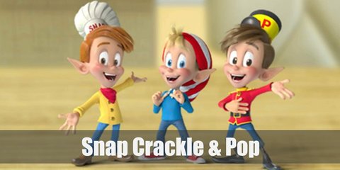 Snap, Crackle, and Pop are three elven mascots for Kellog’s Rice Krispies. They wear distinctly different clothes. Snap wears a chef’s hat. Crackle prefers a red and white beanie, and Pop likes his toy soldier’s hat. 