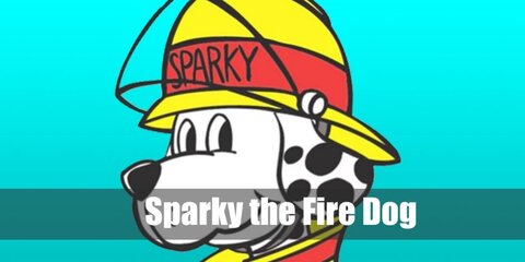 The Sparky Fire Dog's outfit features a dog mask, a hard hat, a fireman  coat, and animal paws.