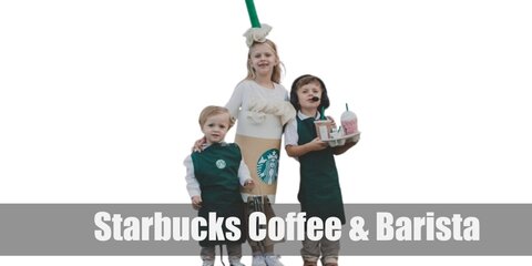 The Coffee Costume can be recreated with a coffee set or a beige dress with a white scarf or shawl. Then the barista wears a white top, slacks, and a green apron.