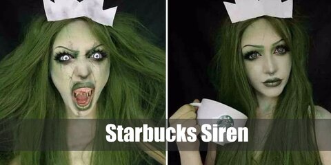 The Starbucks Mermaid Logo features a white dress, striped gloves, and a set of green-and-white wig. The costume also features a white crown.