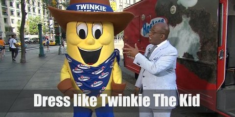 Twinkie the Kid is a giant twinkie that wears a bright blue bandanna, an awesome ten-gallon hat, and a wicked pair of brown cowboy boots.