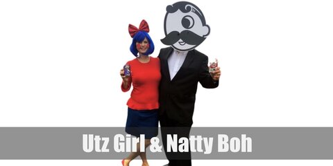 Utz Girl's costume features a red tee, navy blue skirt, tights, and a red ribbon as headband. Natty Boh wears a white face paint with a darkened eye. He also has a white shirt and black suspenders.