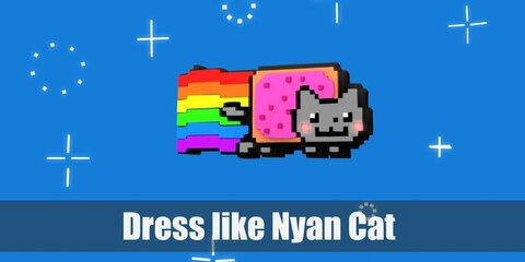 Nyan Cat costume is an animated cartoon cat t-shirt with a Pop-Tart for a torso or lower part. When it's flying through the space, Nyan Cat will leave a rainbow trail behind it as a trace.