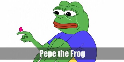  Pepe the Frog’s costume is a full green bodysuit,  a blue shirt, yellow shorts, and a frog mask.