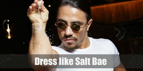 Salt Bae costume is white t-shirt, black pants, sunglasses, watch, chef knife and salt.