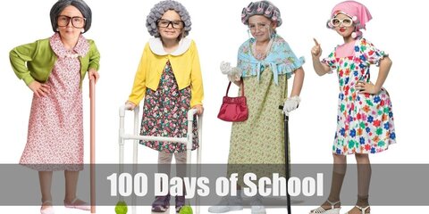 100th Day of School is a cute grandma costume which a dress and a shrug paired with long socks and shoes. You can also bring a toy cane and top the costume off with a greyed wig and eyeglasses!
