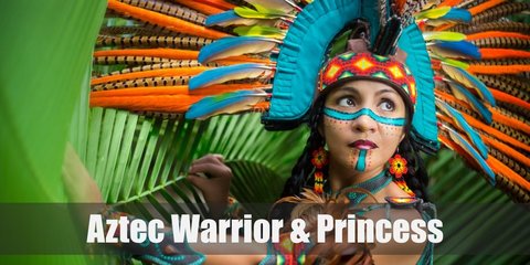 An Aztec warrior wears orange shorts, a red belt and Aztec fabric, boot cuffs, an Aztec headdress, armbands, a necklace, and flip-flops. A princess wears a red blouse and blue skirt, a corset, a headdress, a necklace armbands, a cape, and high heels.