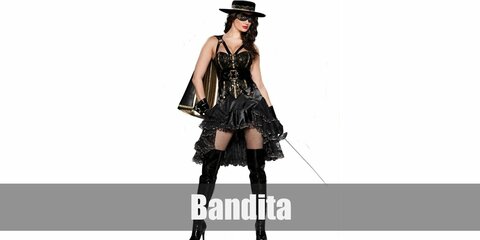 Bandita's costume features clothes such as a black corset, a skirt, and thigh high boots. You can style it with a pair of gloves, hat, and an eye mask.