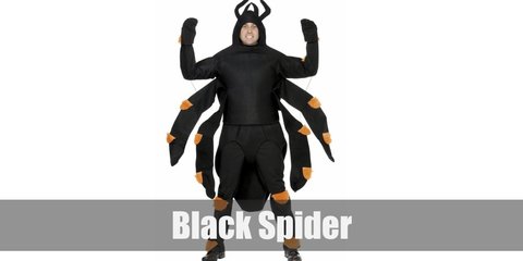  Black spider costume is a black sweater, black pants, black shoes, and a black beanie. Buying black spider wings and squiggly eyes are also optimal. 
