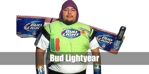  Bud Lightyear’s costume is a Buzz Lightyear-inspired sweatshirt, white pants, white sneakers, an inflatable jet pack, and Bud Light-inspired accessories.