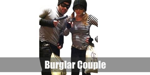 Burglar Couple’s costume are long-sleeved black and white striped T-shirts, black pants, black sneakers, black gloves, and black masks.